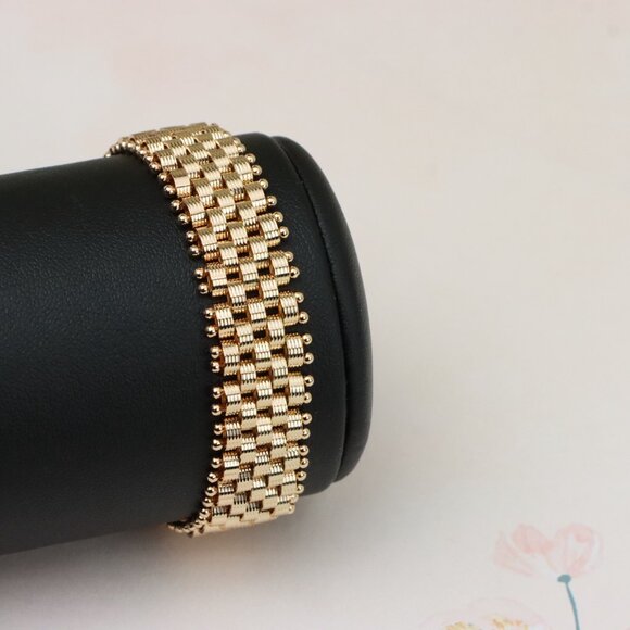 "Elegant Rose Gold Wide Chain Bracelet with Beaded Edge Design, XPBL0866 - Picture 5 of 12